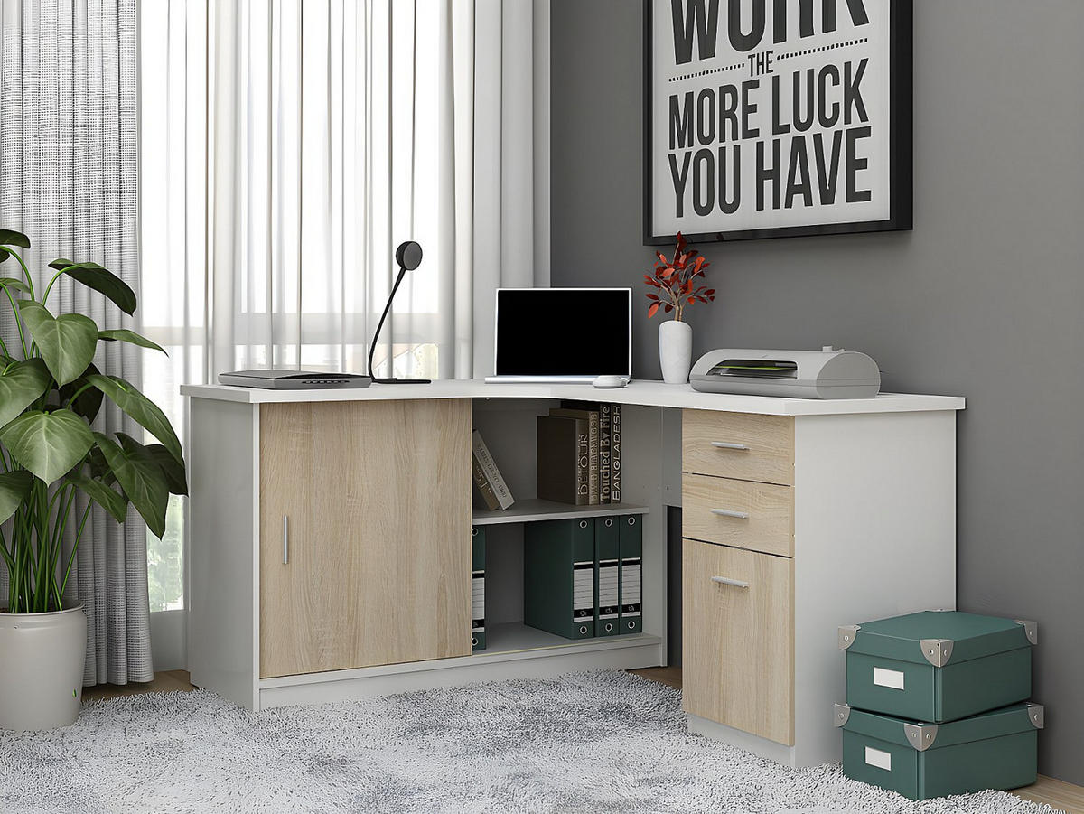 ECKSCHREIBTISCH mit 2 Türen & 2 Schubladen - Weiß & Eichefarben - NORWY - Naturfarben, Holz (120/150/75cm) - Vente-Unique