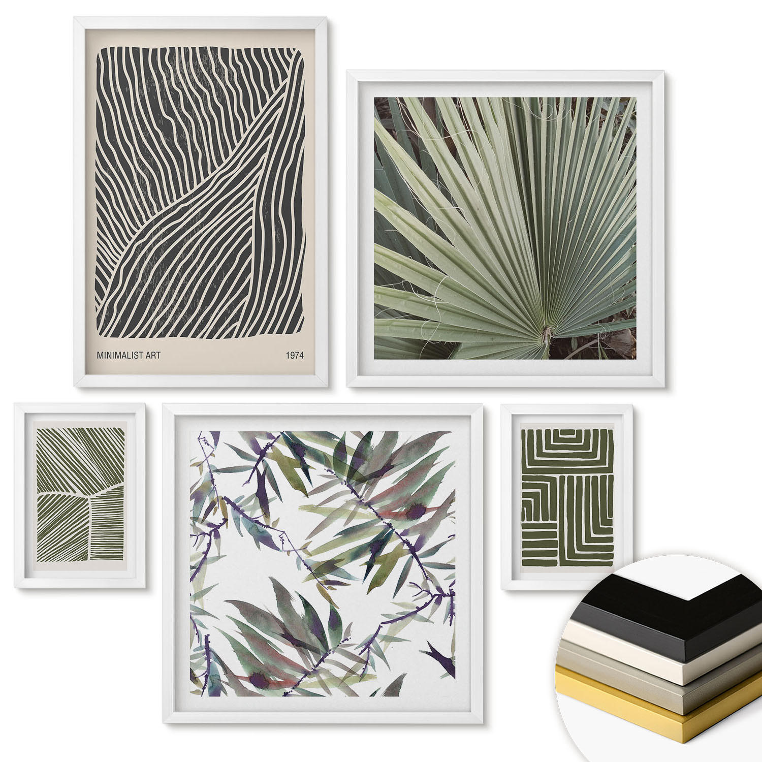 WANDBILDER 5er-Set - 50x50 cm & 20x30 cm & 40x60 cm Weißer Rahmen - Formmuster in Grün - Weiß, Kunststoff (40/60cm) - ArtPrintCave