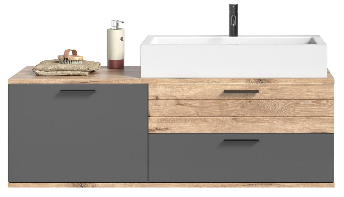 WASCHTISCH inkl. Waschbecken MASON (B/H/T: ca. 140/62/48 cm) in Nox Oak Nachbildung/Basalt grau - Eichefarben, Holzwerkstoff (140/62/48cm)