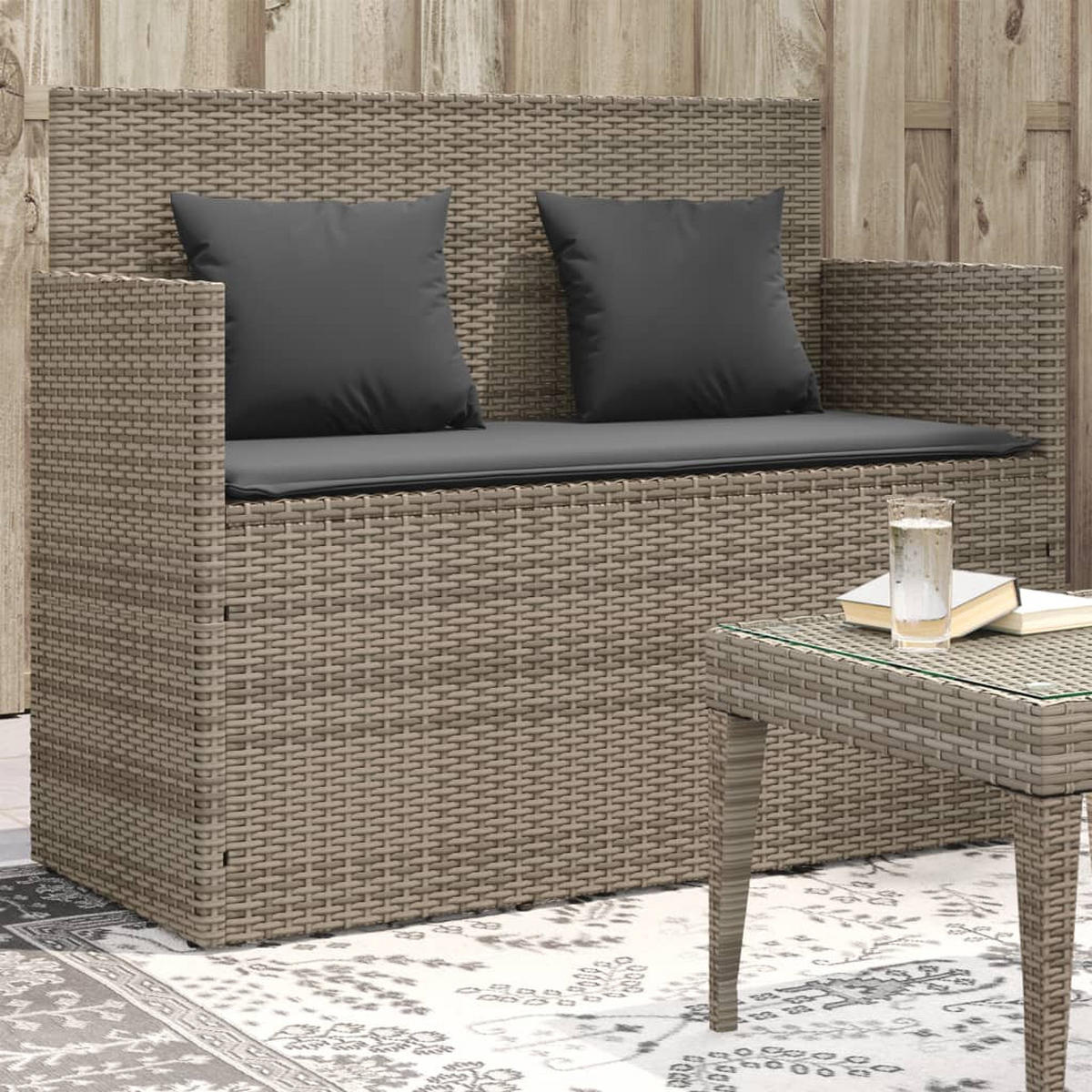 GARTENBANK mit Kissen Grau Poly Rattan - Grau, Kunststoff (120/90.5/50cm) - furnicato
