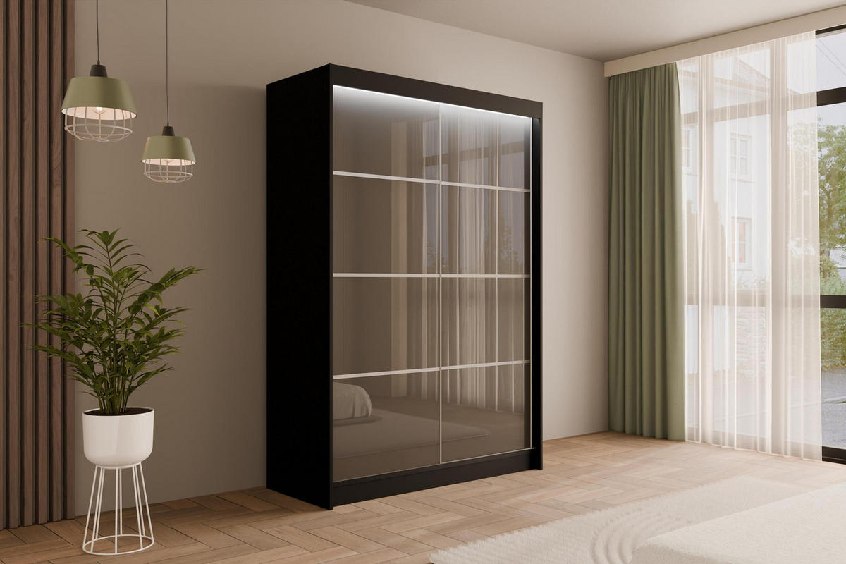 KLEIDERSCHRANK PEKA III mit LED - 120 cm - Schwarz|Grau - Schwarz/Grau, Holzwerkstoff (120/215/61cm) - ALTDECOR
