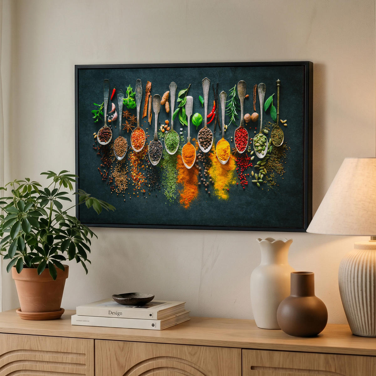 LEINWAND Bilder mit Rahmen - Kräuter - Gewürze - Löffel - 60x40 - Currygelb, Textil (60/40cm) - MuchoWow