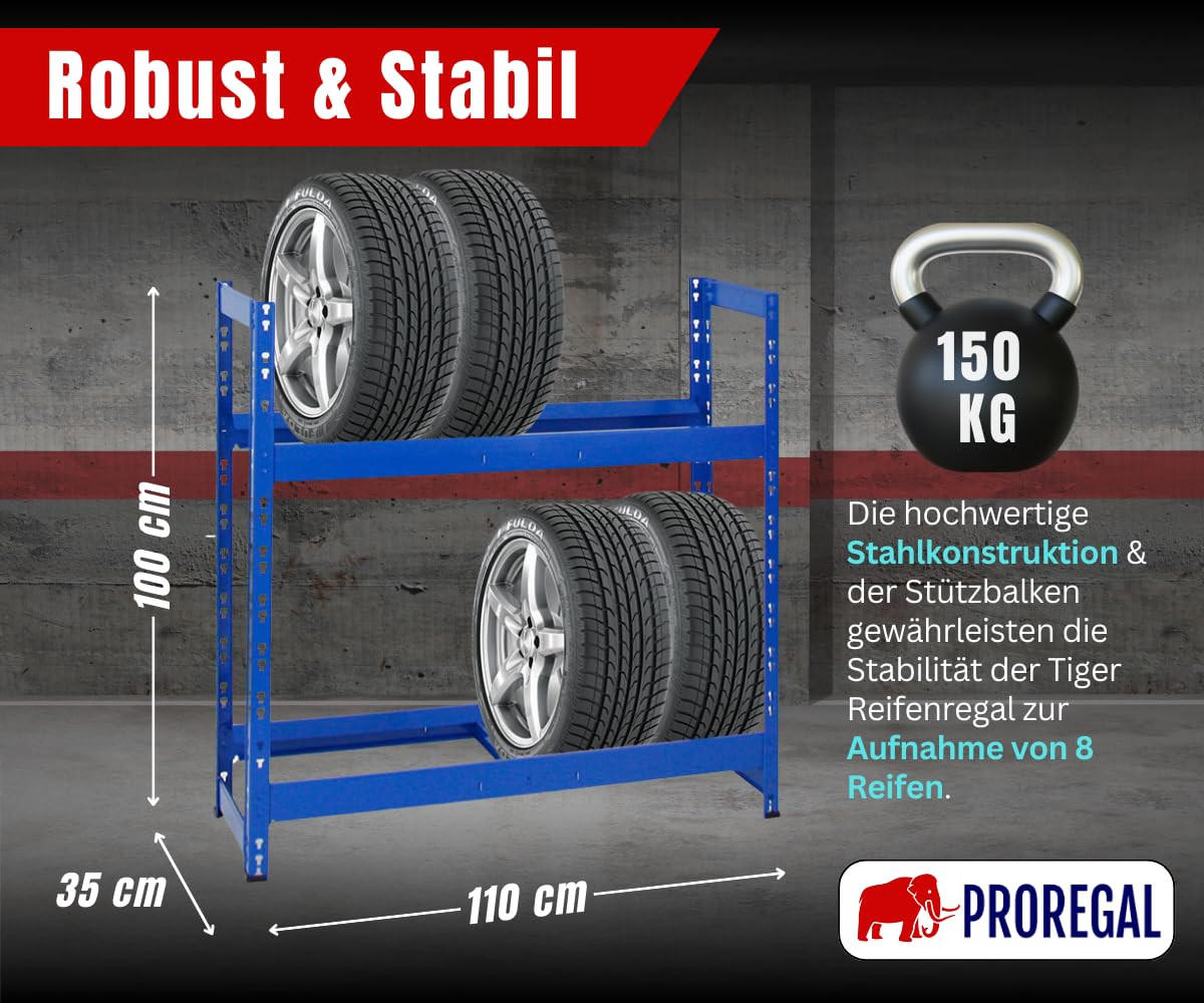 REIFENREGAL Tiger 100x110x35 cm 150 kg Fachlast bis zu 8 Reifen auf 2 Ebenen Blau - Blau, Metall (110/100/35cm) - PROREGAL