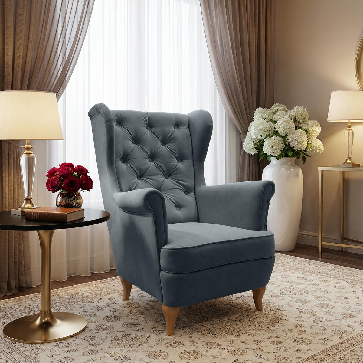 CHESTERFIELD-SESSEL Falco dunkellgrau mit Holzbeinen - Dunkelgrau/Buchefarben, Holz/Textil (82/102/92cm) - Beautysofa