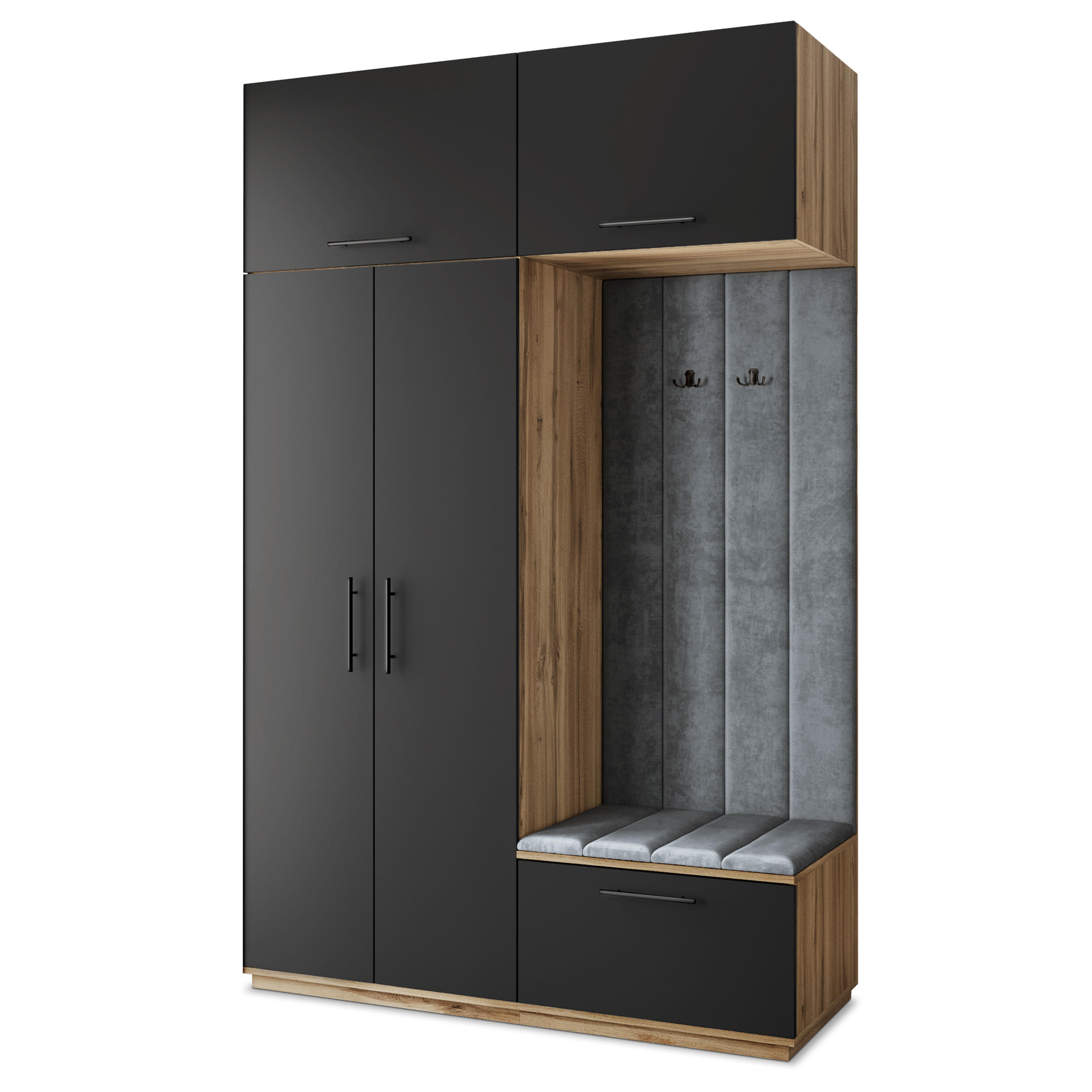 Masseno Garderobenschrank Eiche Wotan, Schwarz, Grau 150x240x60 cm