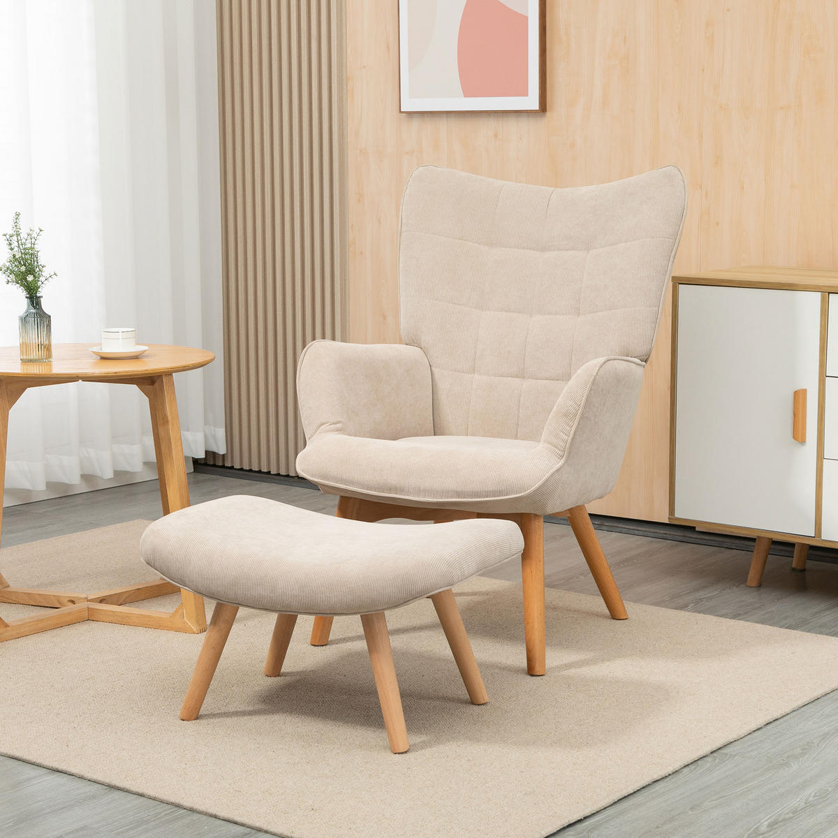 OHRENSESSEL mit Hocker, Relaxsessel, Polstersessel in Cord-Optik, mit Holzbeine - Beige, Holz (80/101/72cm) - HOMCOM