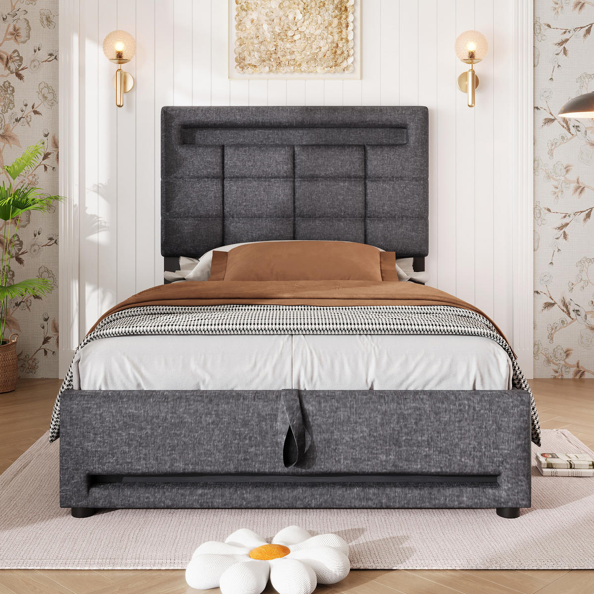 POLSTERBETT 90x200cm Grau Leinen APP-Fernbedienung LED Hydraulik USB - Grau, Holz (90/200cm) - FLIEKS
