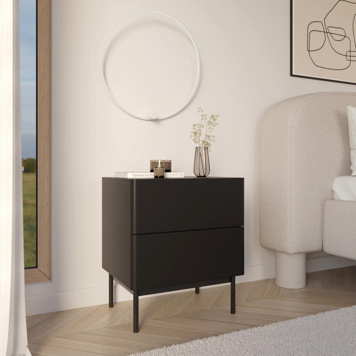 NACHTTISCH Olio 2 Schubladen Schwarz 50 cm - Schwarz, Holzwerkstoff/Metall (50/57.2/38.6cm) - Selsey