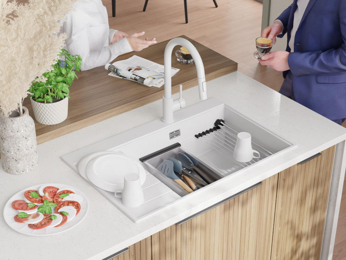 SPÜLBECKEN Sydney, 2-er set Weiß 78/50 cm 1 Becken + Ablauf-Set + Küchenzubehörset ab 60er Unterschrank - Chromfarben/Beige, Kunststoff (78/20/50cm) - Primagran