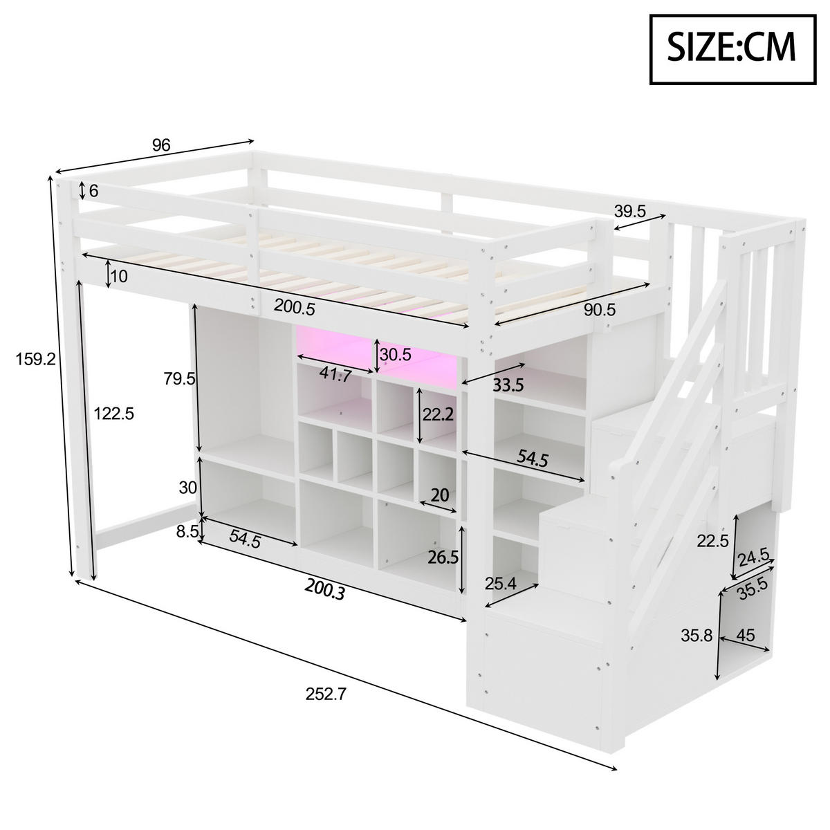 HOCHBETT 90/200 cm DE-01520, in Weiß, mit Stauraumschränken, Kleiderschrank und LED-Beleuchtung - Weiß, Holz (90/200cm) - ComfortXL