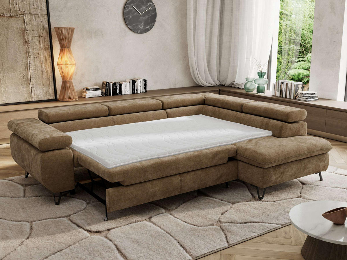 ECKSOFA PABLO L Braun Schenille glatt - Rechts Seite mit Visco Topper - Schwarz/Braun, Textil/Metall (273/208cm) - MKS