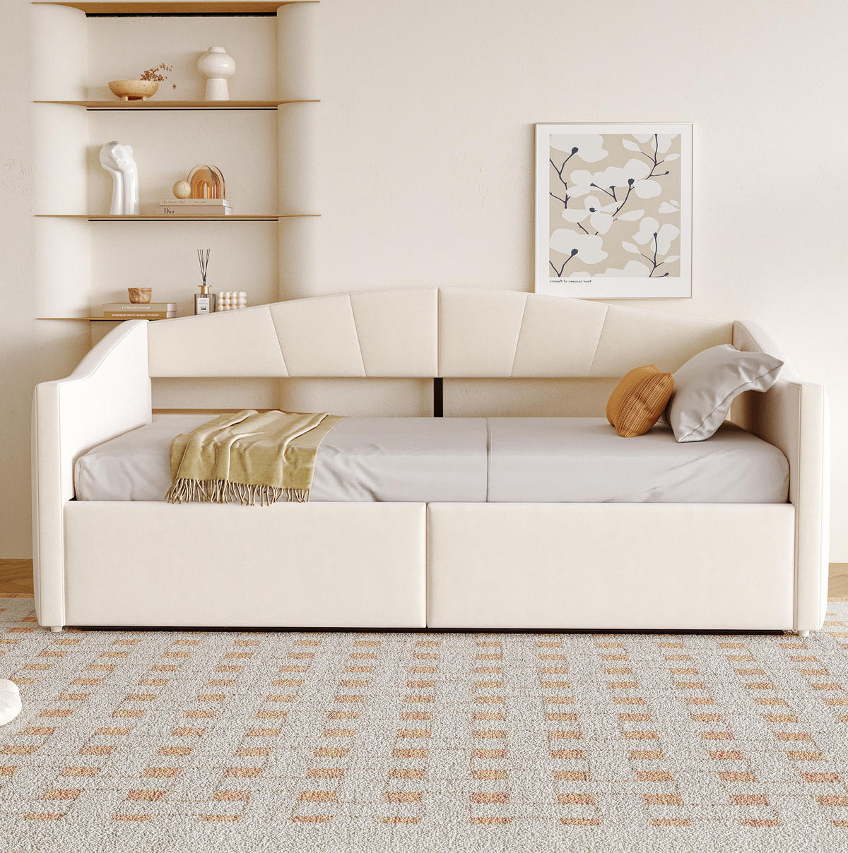 POLSTERBETT 90/200 cm mit hydraulischem Bettkasten, Lattenrost und Armlehnen aus Samt, Beige - Beige, Textil (90/200cm) - Redom