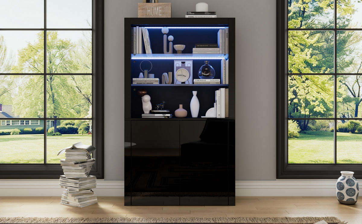 VITRINE 100/35/170 cm Schwarz aus MDF, Glas und Spanplatte mit LED - Schwarz, Holzwerkstoff (100/170/35cm) - OKWISH