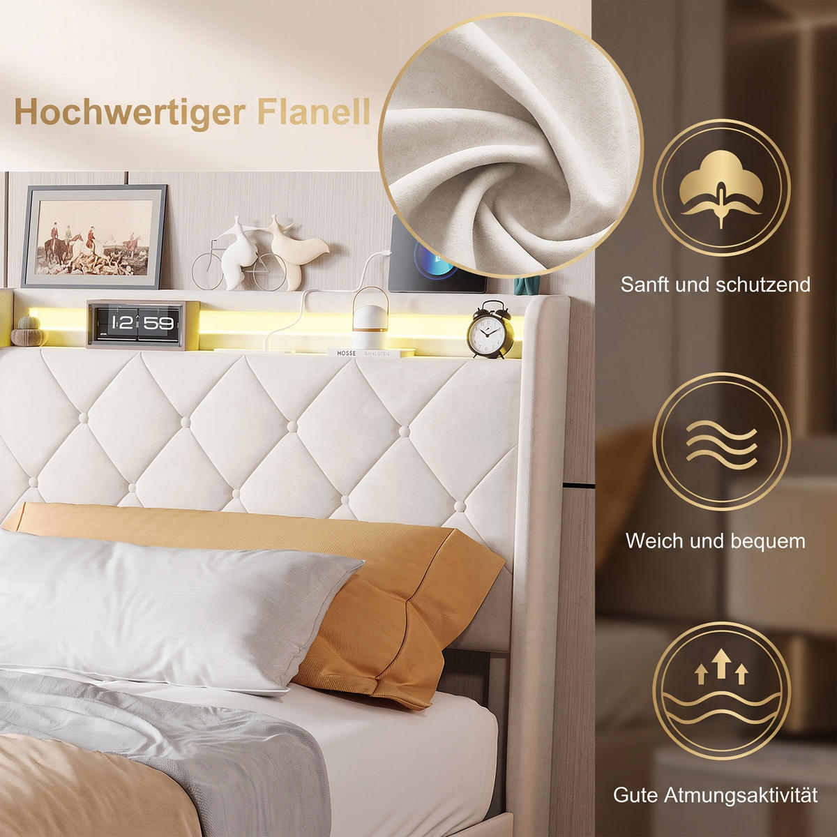 POLSTERBETT, LED-Beleuchtung Einzelbett 90x200cm mit Ladefunktion und 2 Schubladen, Samt, beige - Beige, Holz/Holzwerkstoff (90/200cm) - GENKI LIVING