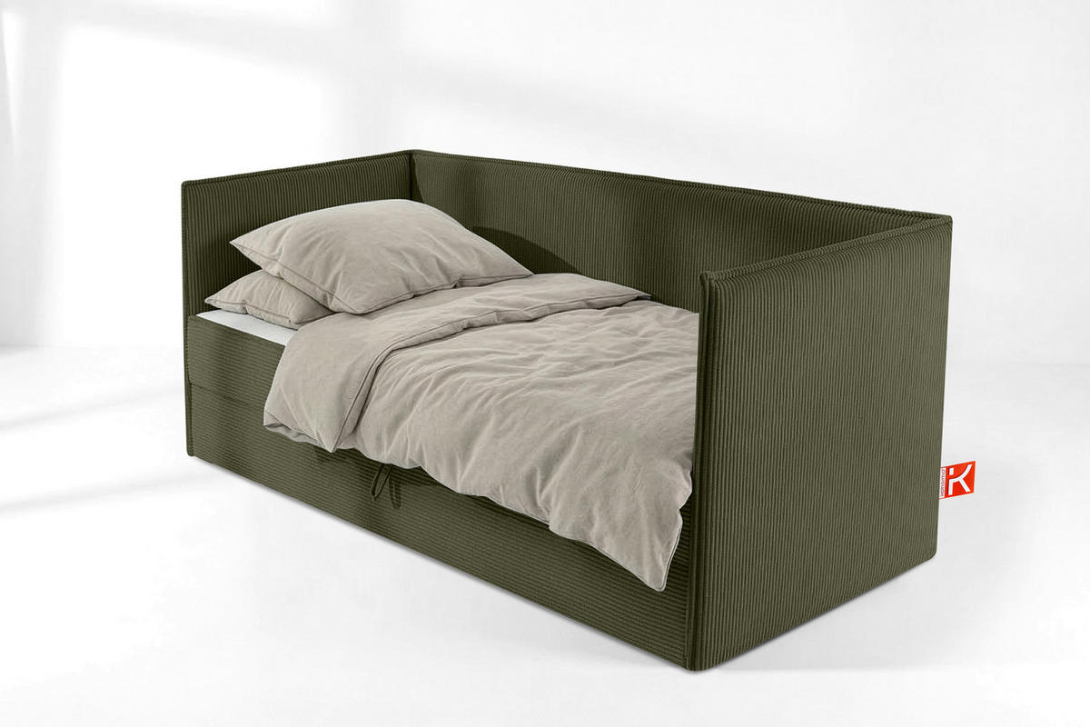 JUGENDBETT ROTI Einzelbett mit Bettkasten, 90x200cm, Bett mit Bonellmatratze, mit Rückenlehne - Schwarz/Olivgrün, Holz/Holzwerkstoff (92/200cm) - KONSIMO®