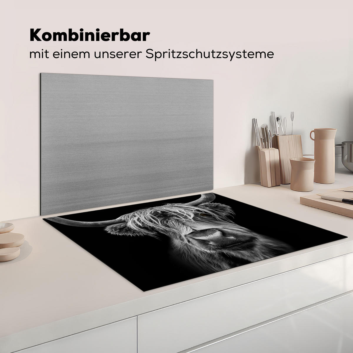 HERDABDECKPLATTE Schottischer Highlander - Hörner - Schwarz - Weiß - Kuh - Wild - Tiere Induktionsmatte 77x59 cm - Schwarz, Kunststoff (77/59/0.2cm) - MuchoWow