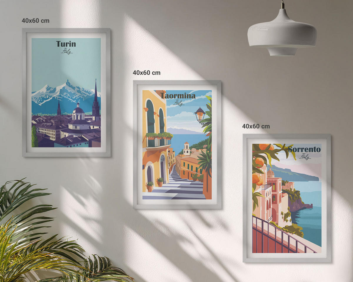 BILDER SET 3er Set - 40x60 cm Silberner Rahmen - Farbenfrohe Retro-Stadtansichten - Silberfarben, Kunststoff (40/60cm) - TULUP