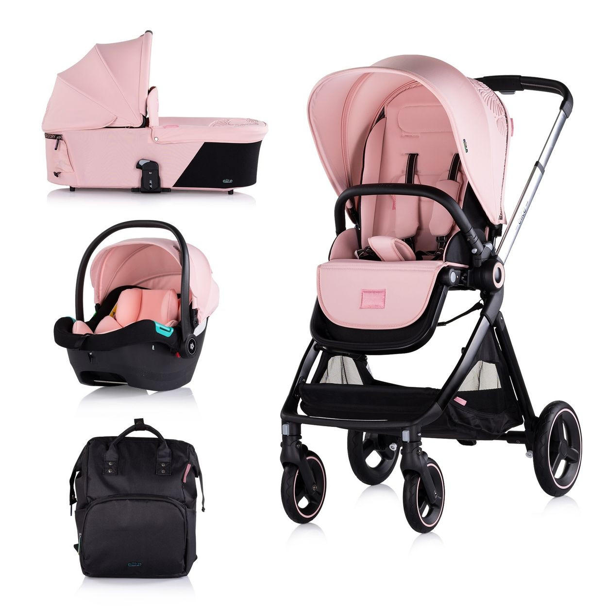KINDERWAGEN Elite 3 in 1 pink i-Size Babyschale Sportsitz Babywanne Tasche - Pink/Rosa, Metall (75/58/111cm) - Chipolino