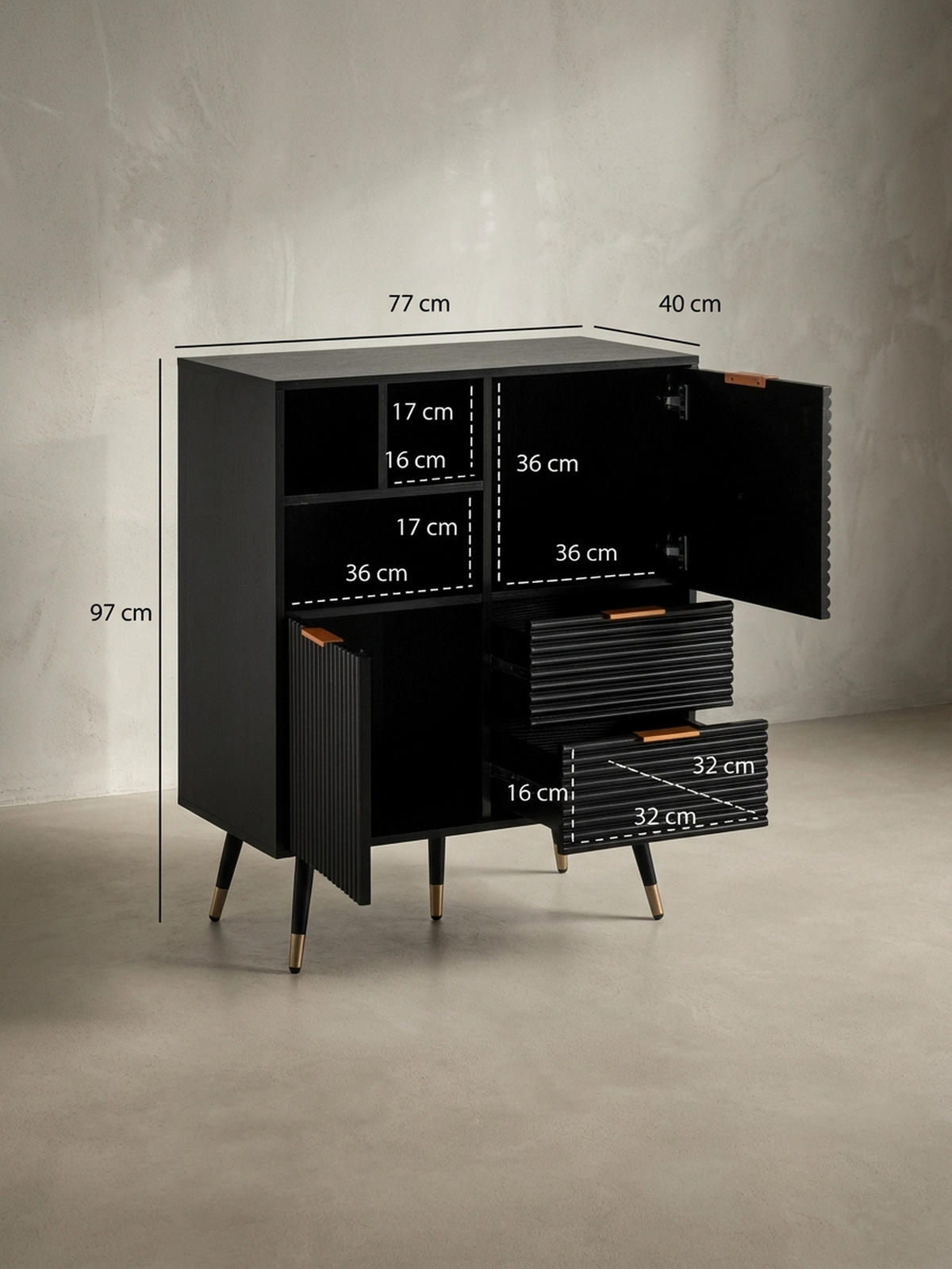 SIDEBOARD – Schwarz/Eiche-Dekor, 77x97x40 cm, mit Türen, Schubladen, Regal, Metallbeine - Goldfarben/Schwarz, Holzwerkstoff/Metall (77/97/40cm) - KADIMA DESIGN