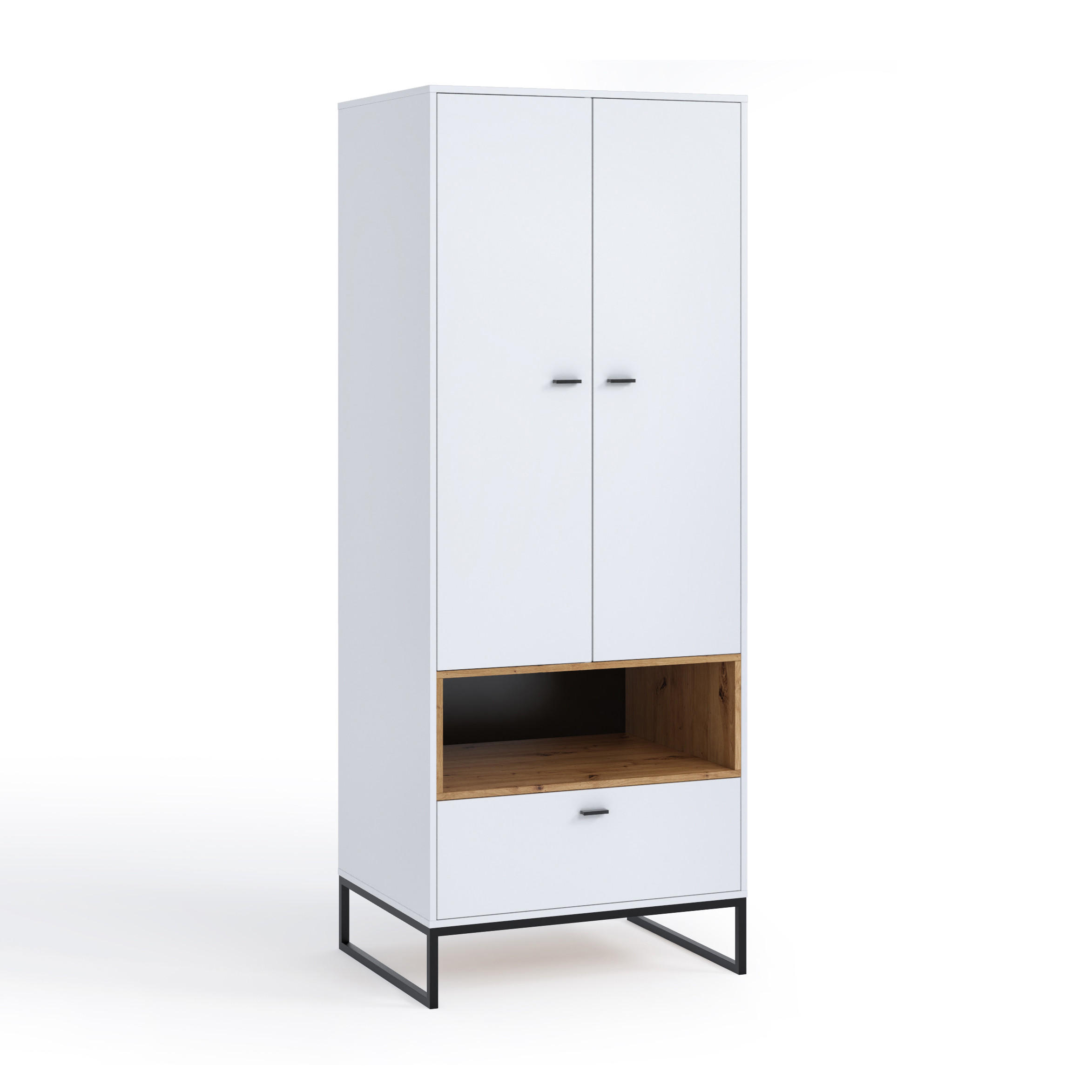 DREHTÜRENSCHRANK OMAN mit 2 Türen und 1 Schublade, Weiß+eiche Artisan - Schwarz/Weiß, Holzwerkstoff/Metall (80/202/60cm) - Beautysofa