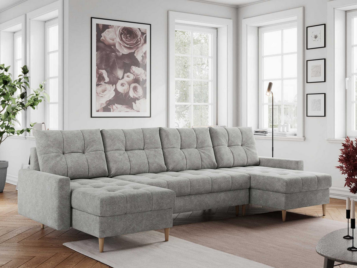 WOHNLANDSCHAFT Colin U Struktur Hellgrau - Hellgrau/Braun, Holz/Textil (290/75/140cm) - MKS