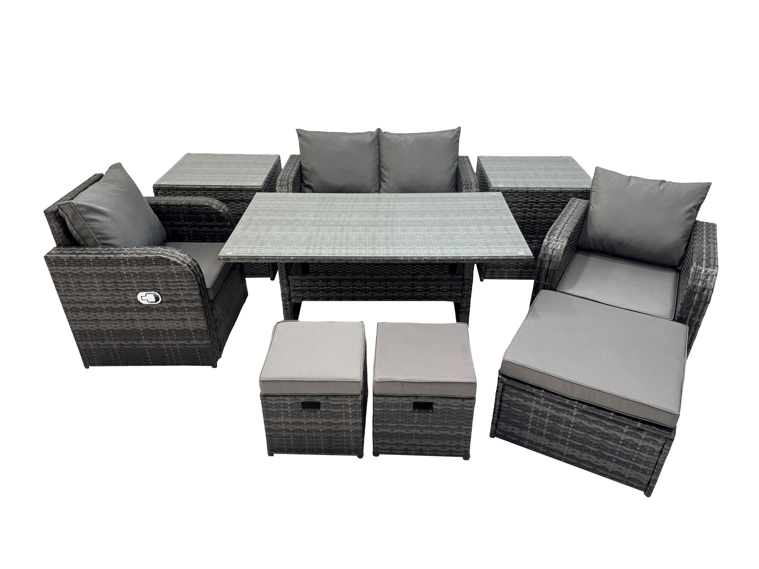 GARTENMÖBEL SET mit Hocker,Beistelltischen,Zweisitzer Polyrattan 7-Sitzer - Dunkelgrau/Grau, Glas/Kunststoff - Fimous