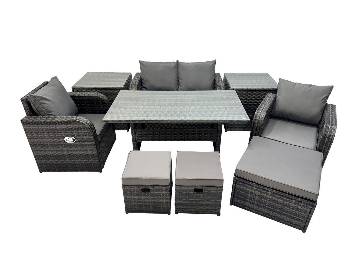 GARTENMÖBEL SET mit Hocker,Beistelltischen,Zweisitzer Polyrattan 7-Sitzer - Dunkelgrau/Grau, Glas/Kunststoff - Fimous