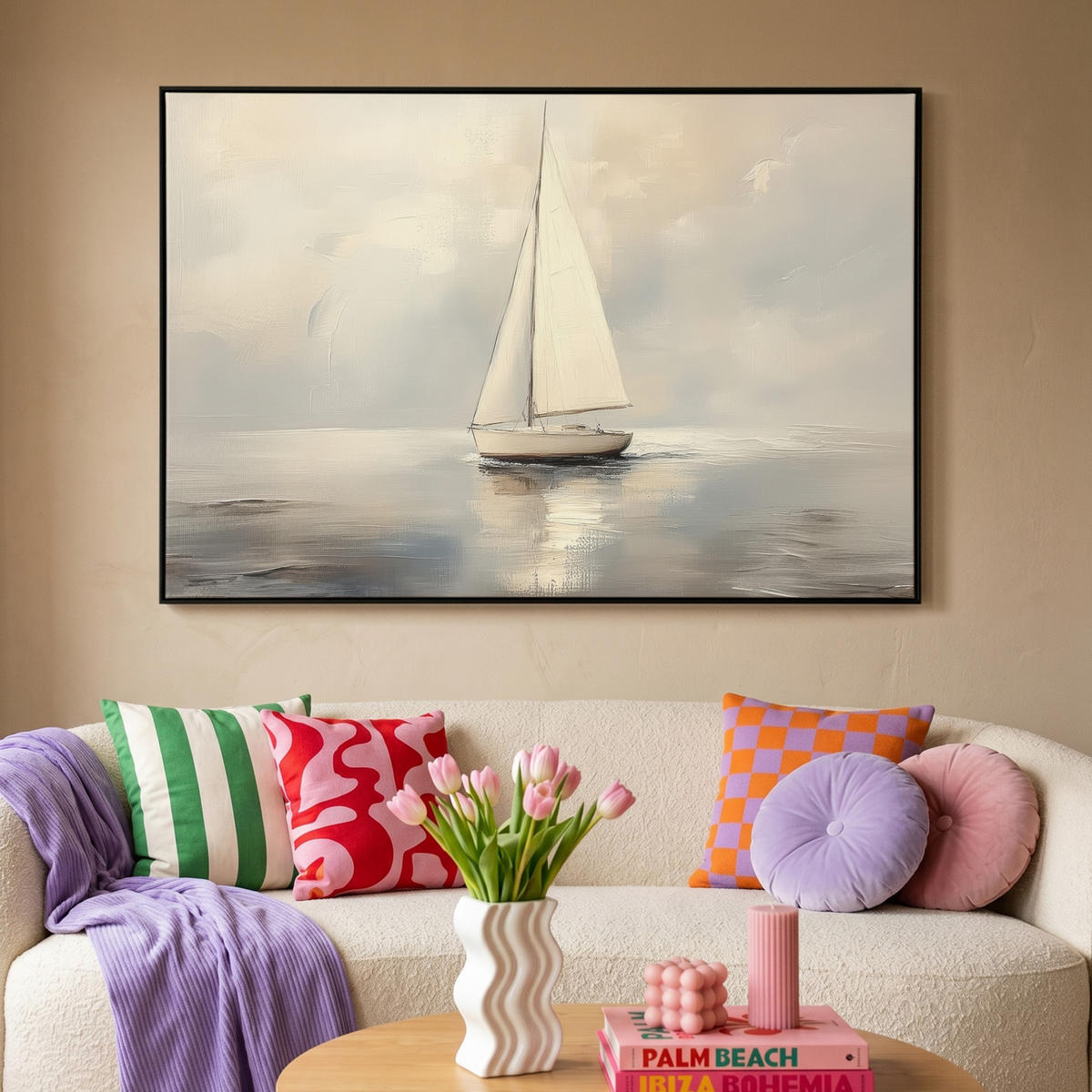 LEINWAND Bilder mit Rahmen - Segelschiff - Meer - Bewölkt - 120x80 - Creme, Textil (120/80cm) - MuchoWow