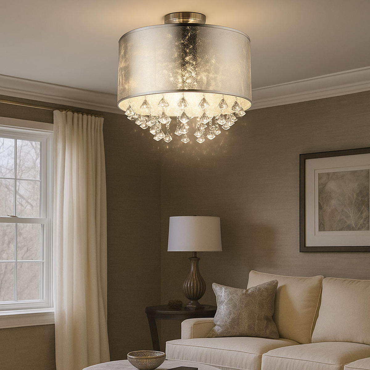 LED DECKENLEUCHTE Metall Silber Kristalloptik - Silberfarben, Textil (30/30/31cm) - Globo Lighting