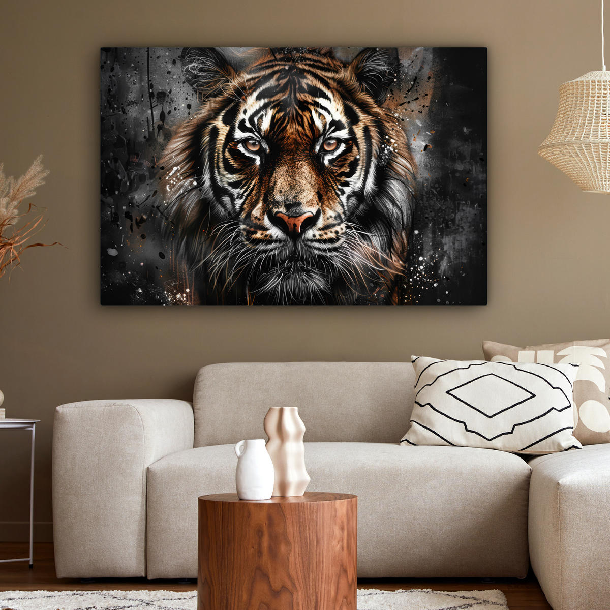 LEINWANDBILD Tiger - Tiere - Porträt - Luxus - Schwarz Wohnzimmer 120x80 cm - Anthrazit, Textil (120/80cm) - MuchoWow