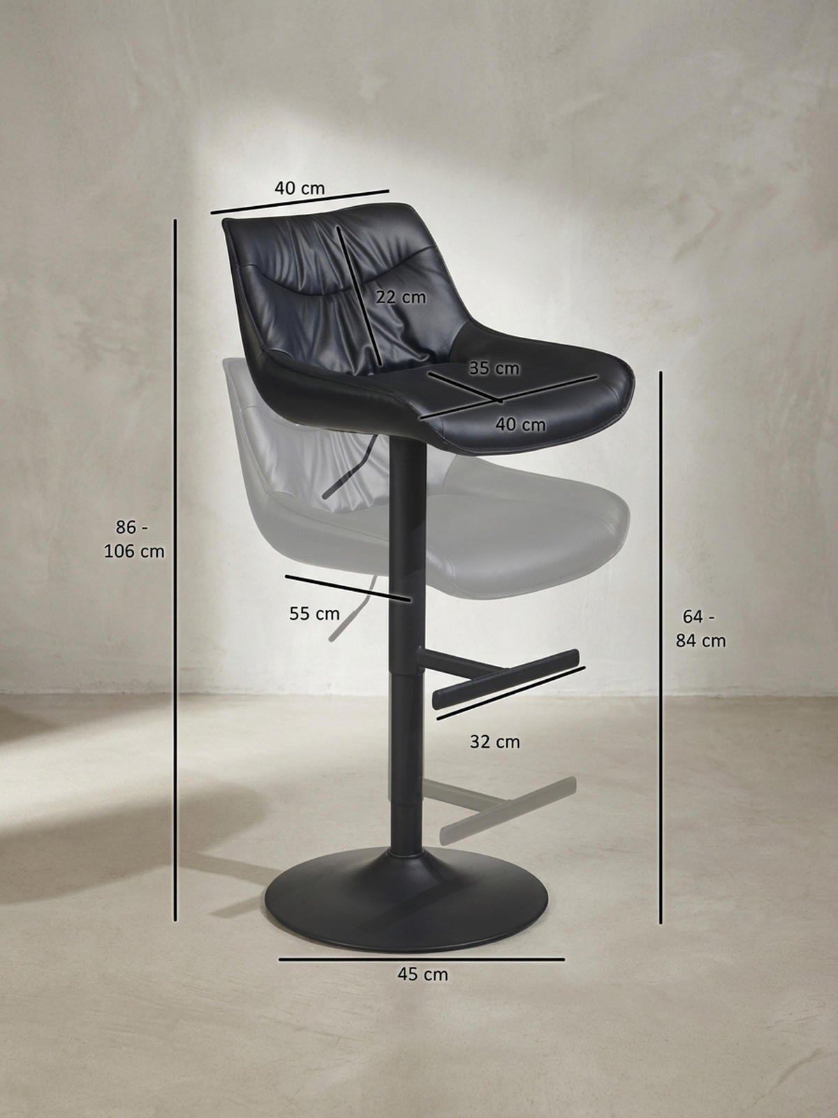BARHOCKER – Kunstleder Schwarz, Rückenlehne, höhenverstellbar 86–106 cm, Trompetenfuß, 100 kg - Schwarz, Kunststoff/Textil (45/106/55cm) - KADIMA DESIGN
