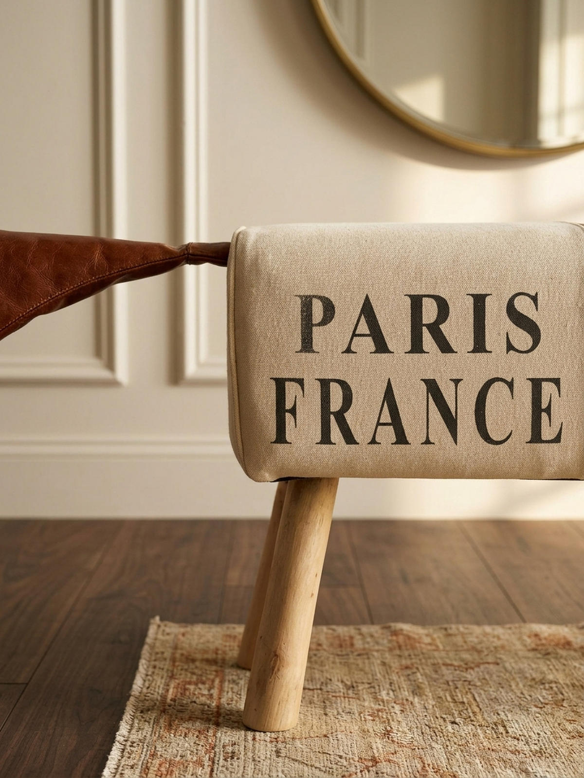 SITZBANK – Stoff/Leder, 91 cm, Braun/Beige, Holzbeine - Braun, Leder/Holz (91/51/30cm) - KADIMA DESIGN