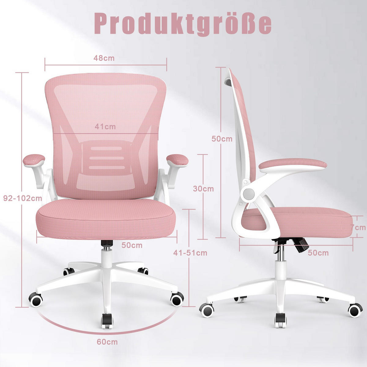 BÜRODREHSTUHL ergonomisch, mittelhohe Rückenlehne, klappbare Armlehnen – Rosa - Pink, Metall (50/102/50cm) - Rattantree