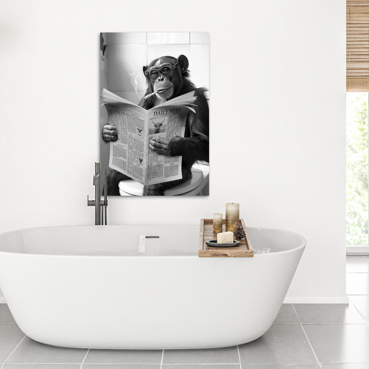 LEINWANDBILD Affe - WC - Zeitung - Schwarz-Weiß - Humor 60x90 cm - Hellgrau, Textil (60/90cm) - MuchoWow