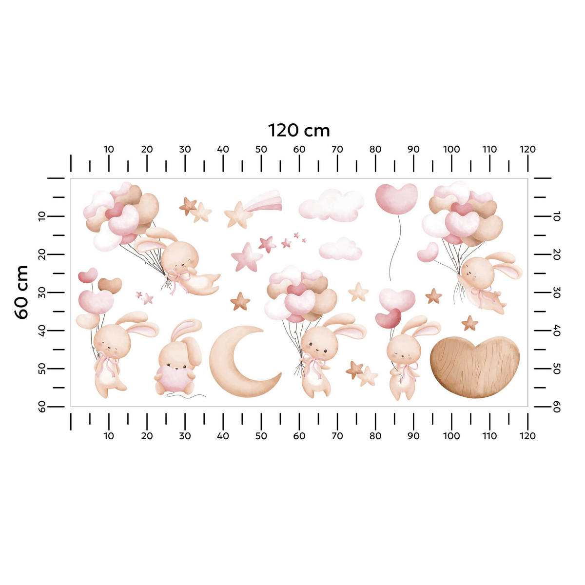 STICKER SET für Kinder Kaninchen Herzen Ballons Sterne 120x60 - Beige/Rosa, Papier (120/60/1cm) - Muralo
