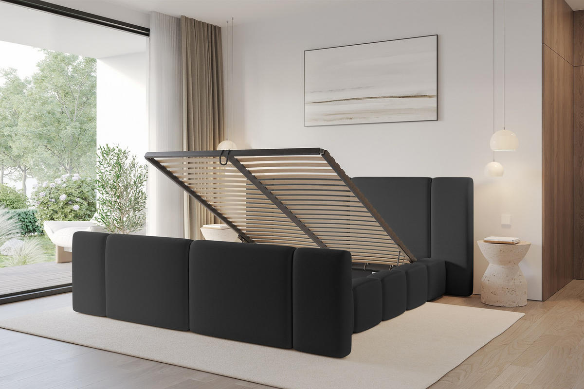 POLSTERBETT mit Bettkasten, Fußteil und Lattenrost, Bett mit Matratze H3/H4 - NILO-Z 120x200 Schwarz - Schwarz Hochglanz, Holzwerkstoff/Textil (120/200cm) - ALTDECOR