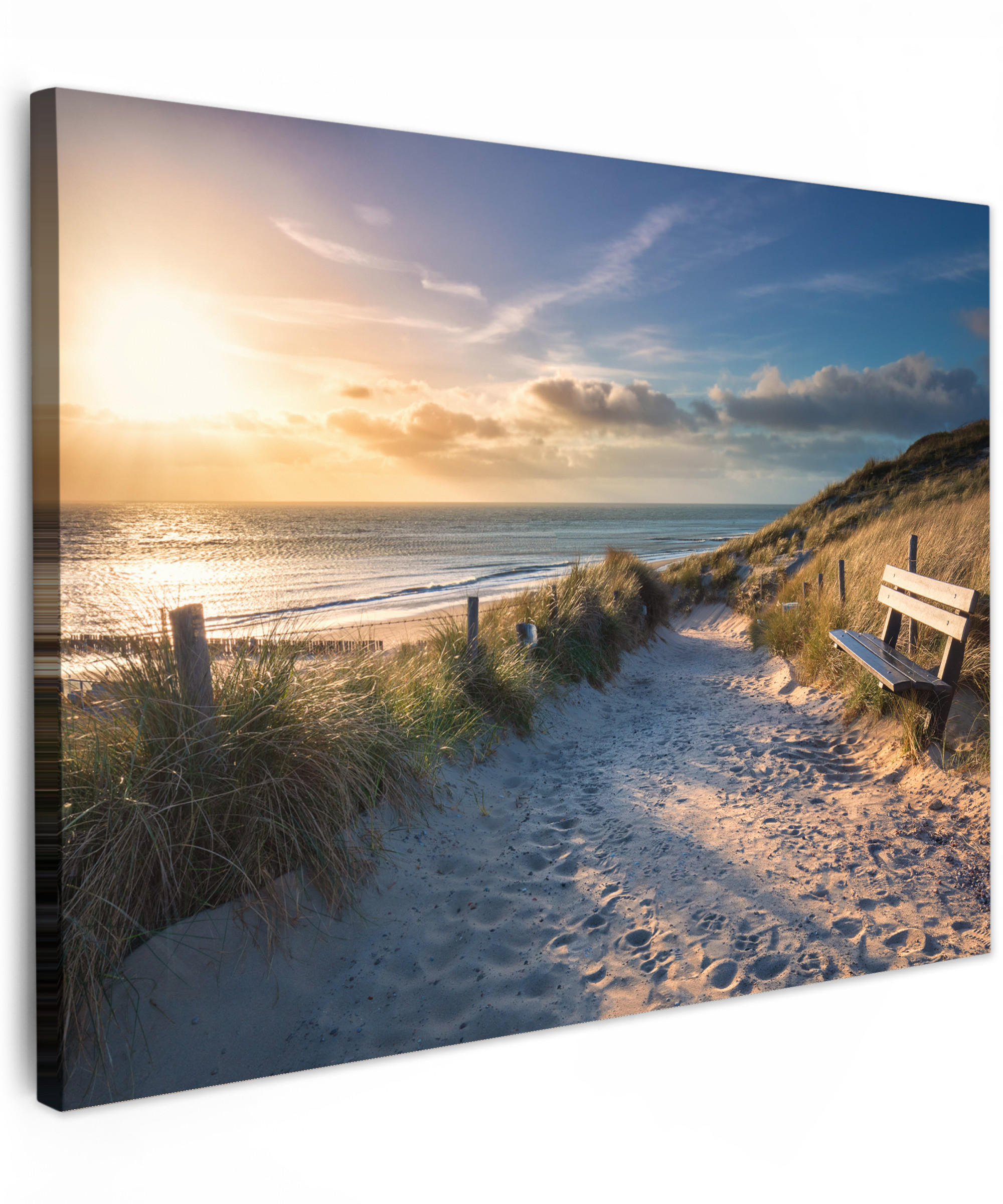 LEINWANDBILD Sonnenuntergang - Strand - Düne - Gras - Ufer Wandbild 40x30 cm - Sandfarben, Textil (40/30cm) - MuchoWow