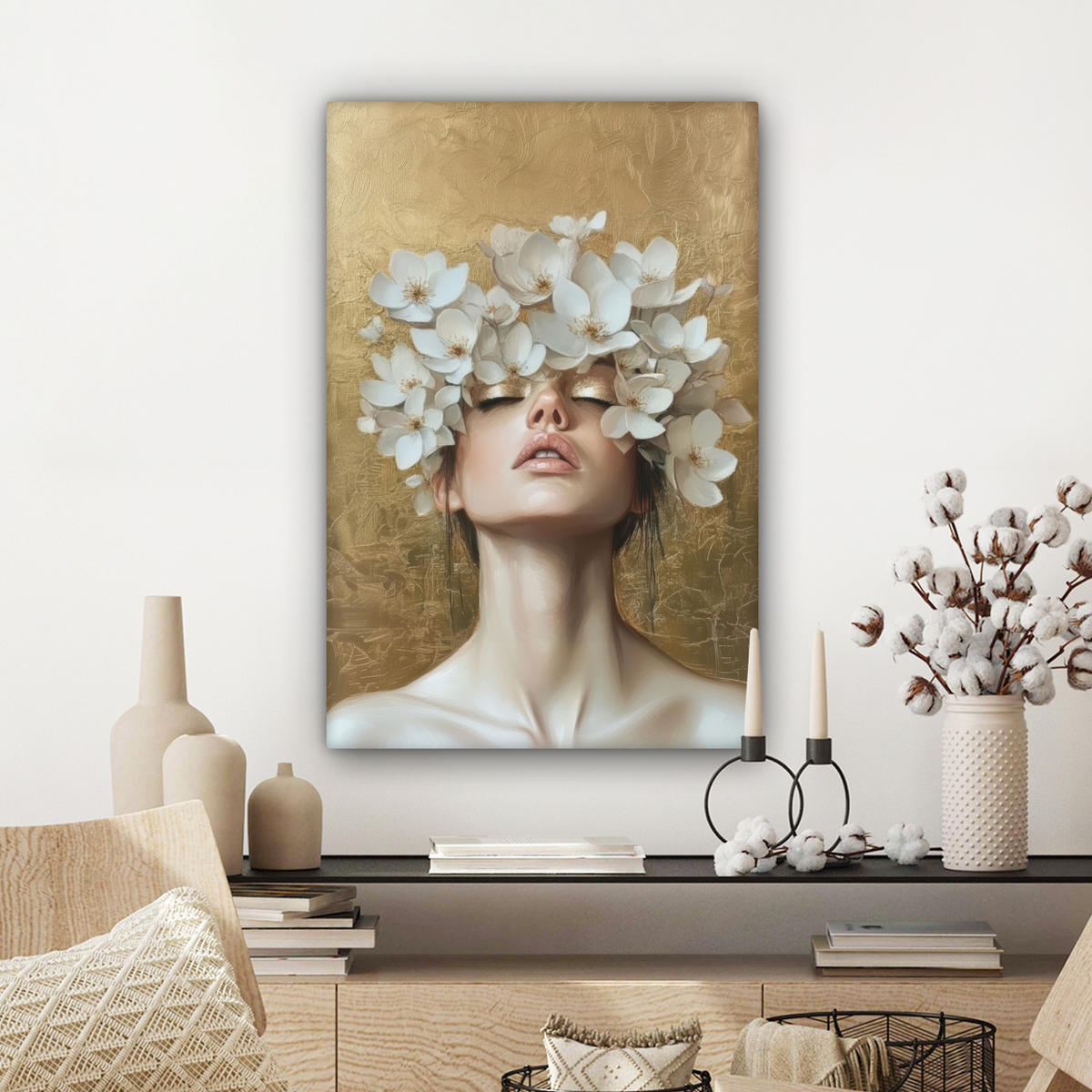 LEINWANDBILD Gesicht - Blumen - Gold - Abstrakt Wanddeko Schlafzimmer 60x90 cm - Goldfarben, Textil (60/90cm) - MuchoWow