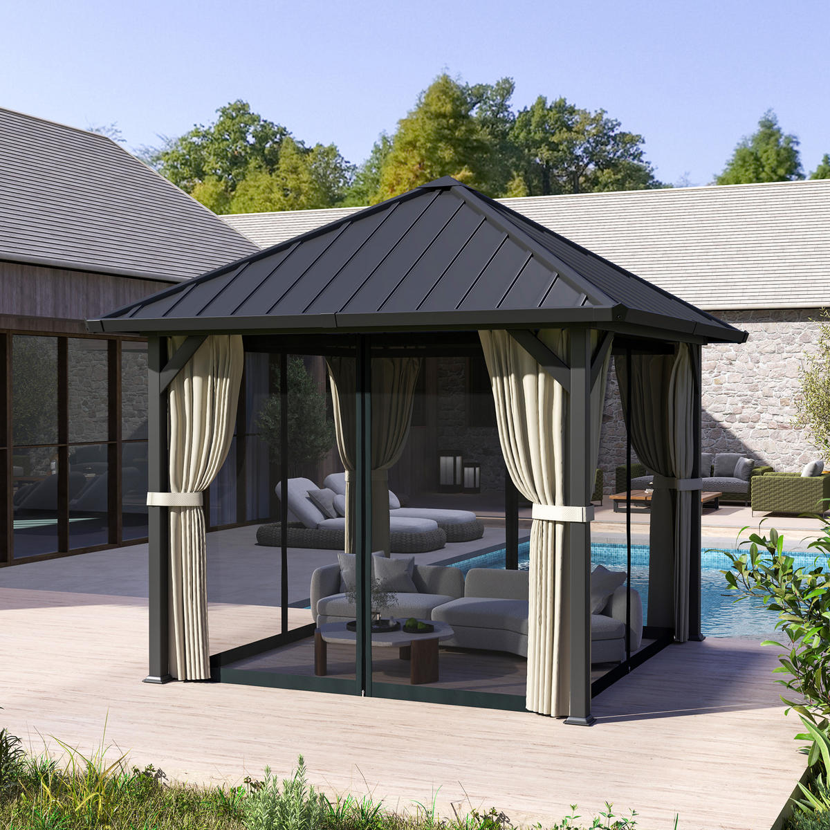 PAVILLON mit Hardtop ca. 3x3 m - Dunkelgrau, Metall (304/297/304cm) - Outsunny