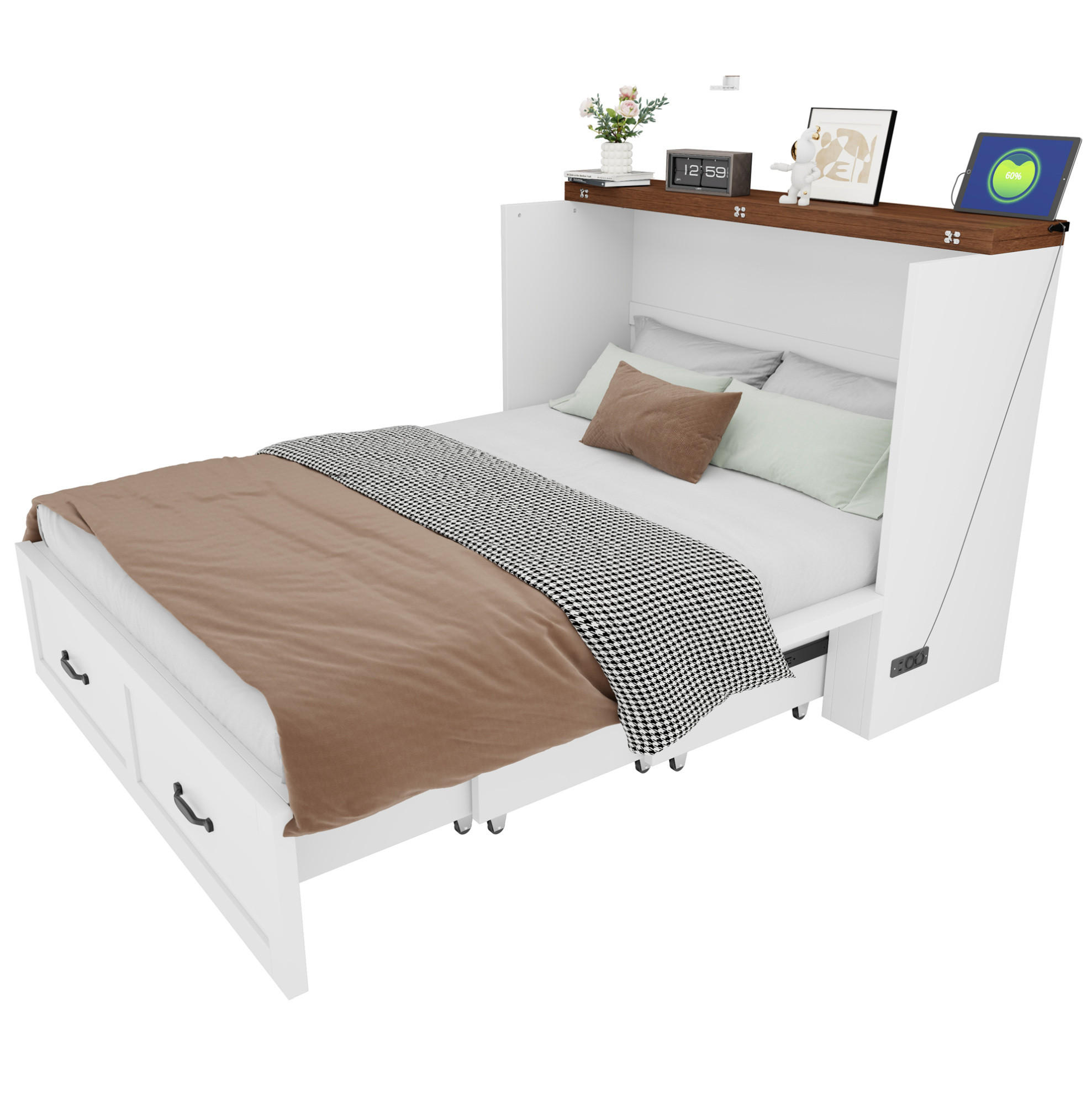 BETT 140/200 cm in Weiß mit Steckdose und leisem Rollensystem - Weiß, Metall (140/200cm) - Flora Grace