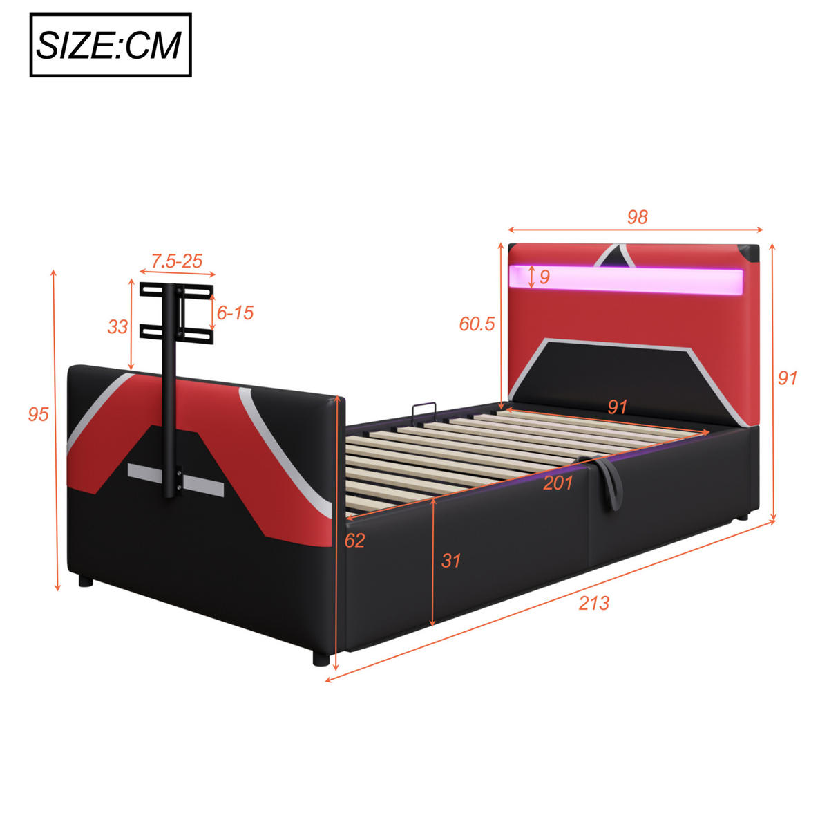 POLSTERBETT mit LED-Beleuchtung 90/200 cm mit Bettkasten und TV-Halterung - Schwarz, Kunststoff (90/200cm) - BEAOK