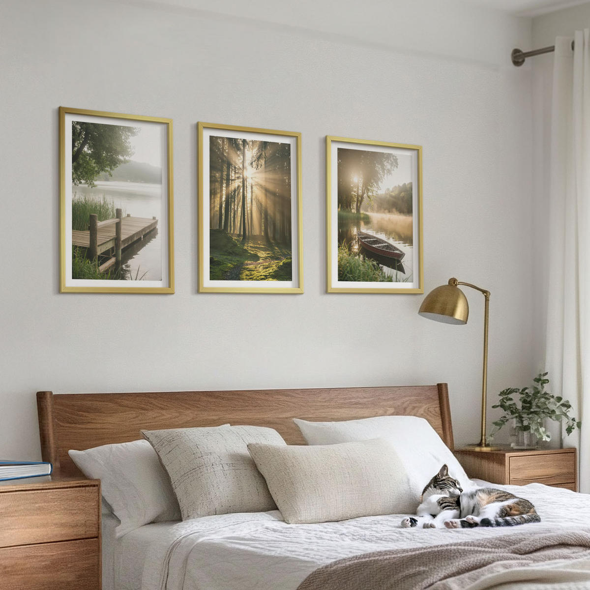 BILDER SET 3er Set - 40x60 cm Goldrahmen - See, Wald, Boot, Morgennebel - Goldfarben, Kunststoff (40/60cm) - TULUP