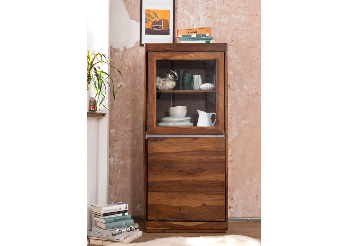 VITRINE Sheesham 63x40x147 noble unique lackiert SYDNEY #105 - Braun, Holz (63/147/40cm) - Massivmoebel24