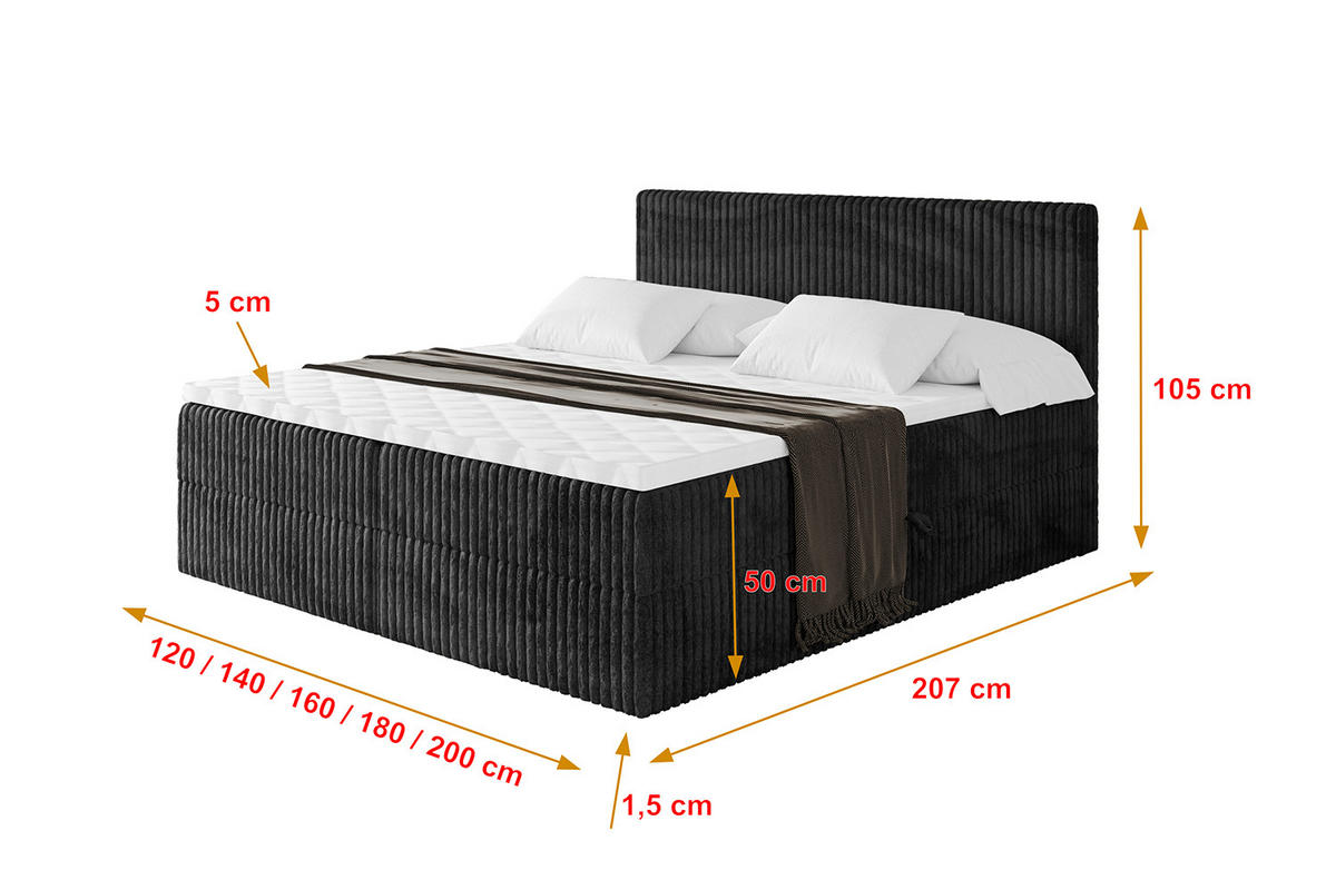 BOXBETT mit Matratze H4 und Lattenrost - TOLO - 200x200 Cord - Schwarz - Schwarz, Holzwerkstoff/Kunststoff (200/200cm) - ALTDECOR