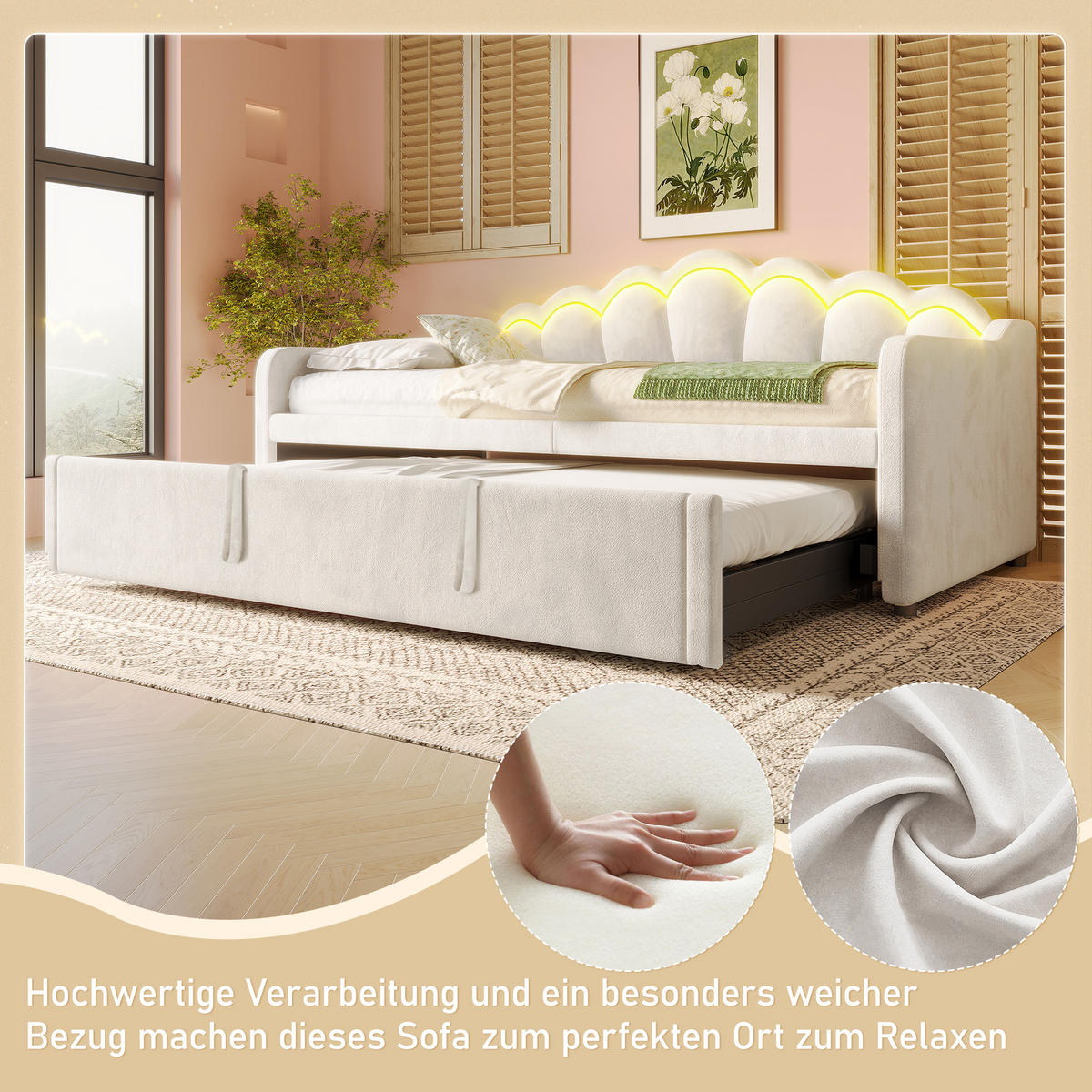 SCHLAFSOFA 90/200 cm & 90/200 cm in Beige Samt mit Ausziehbett und LED - Beige, Holzwerkstoff/Textil (90/200cm) - WISHDOR