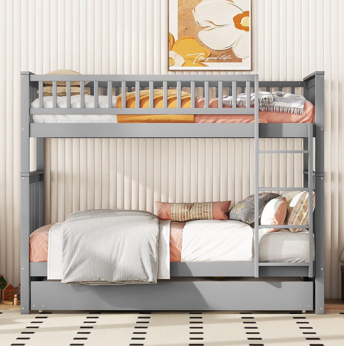 ETAGENBETT aus Kiefernholz und MDF 90x200 cm Grau mit Ausziehbett, abnehmbarer Konstruktion und Treppe - Grau, Holzwerkstoff (90/200cm) - Modfu