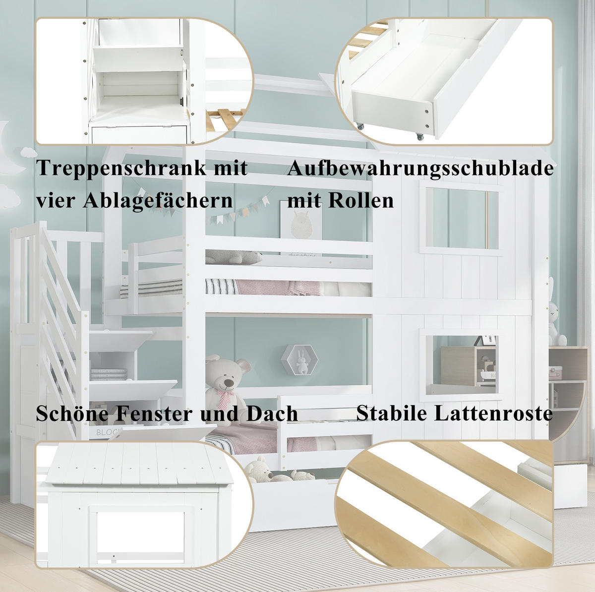 ETAGENBETT 90/200 cm Weiß mit Treppenschrank und Schublade ohne Matratze - Weiß, Holz (90/200cm) - MIVRAY