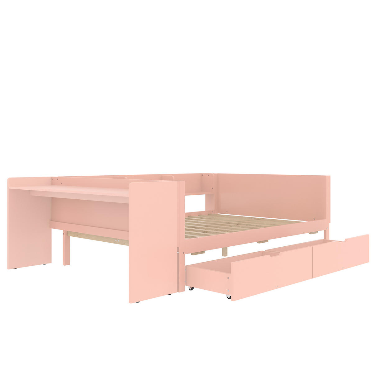 DOPPELBETT aus Kiefernholz und Spanplatte 140x200 cm Rosa mit Schreibtisch, Schubladen und Regalen - Rosa, Holzwerkstoff (140/200cm) - IVMEU