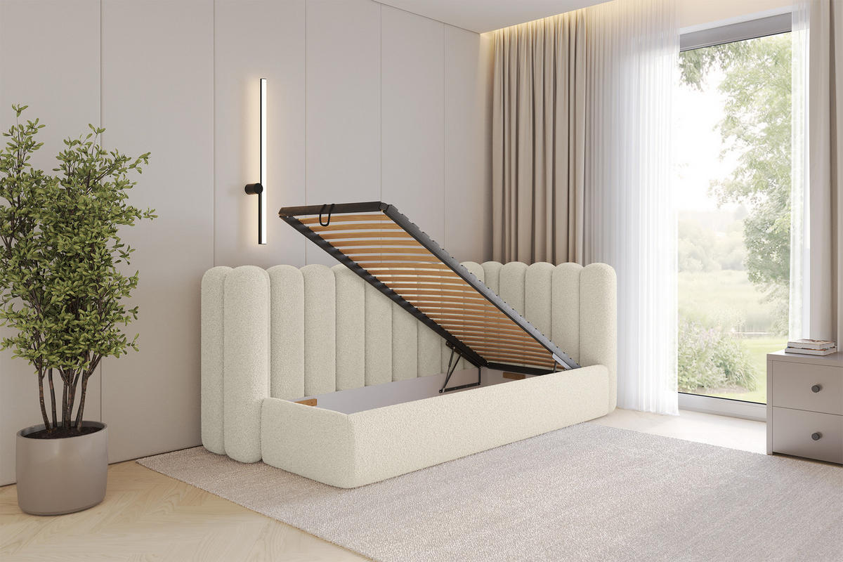 EINZELLBETT Jugendbett mit Bettkasten und Matratze H3/H4, Links - HUGY 100x200 Beige - Champagner, Holzwerkstoff/Textil (100/200cm) - ALTDECOR