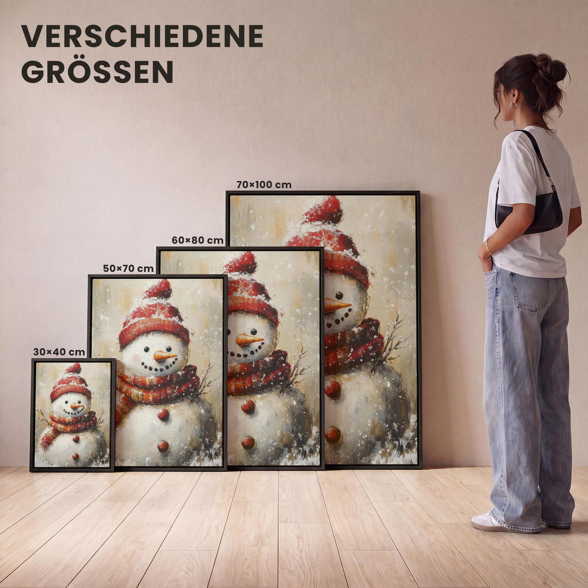 LEINWAND Bilder mit Rahmen - Schneemann - Winter - Schnee - Beige - 60x80 - Weiß, Textil (60/80cm) - MuchoWow